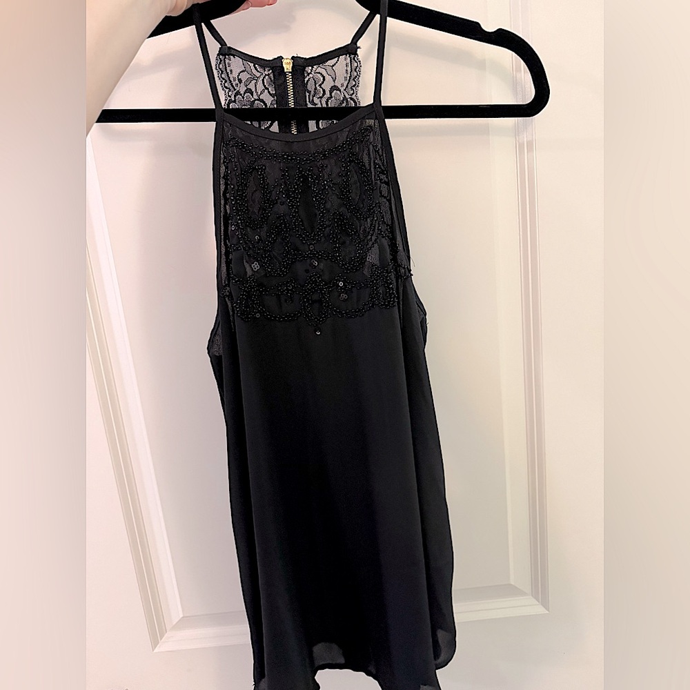 Flowy Black Camisole with Beading, Sequins, and Lace Detail